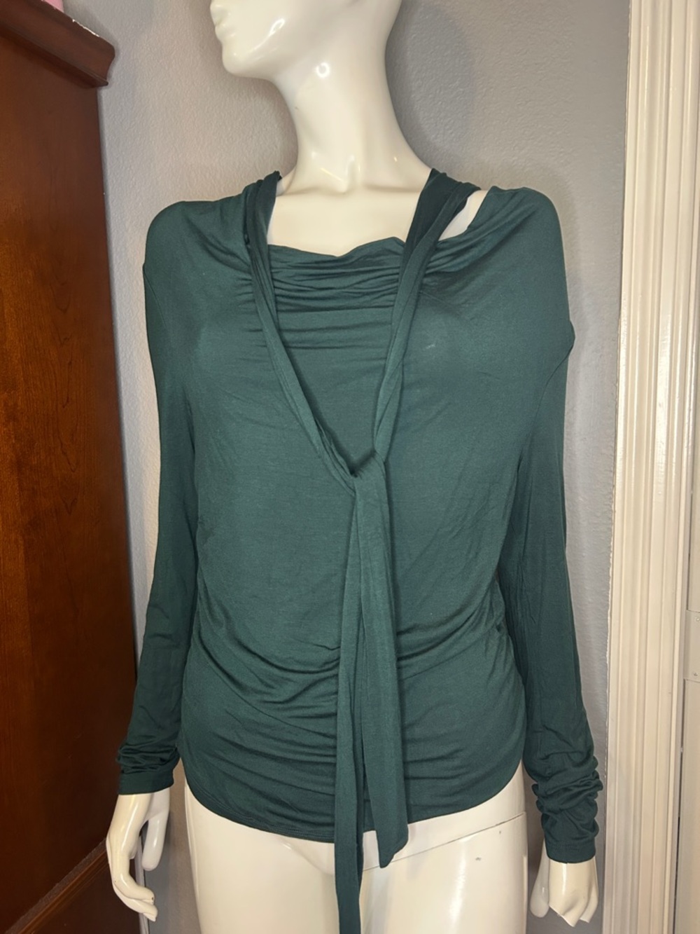 Dark Teal Long-Sleeve Tie-Neck Women's Top